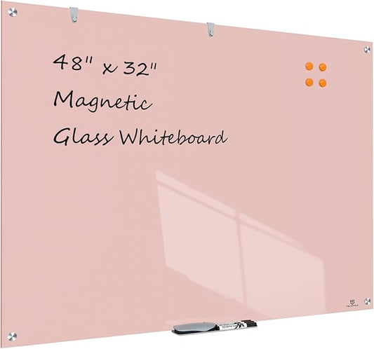TSJ OFFICE Glass Dry-Erase Board - 48 x 32 Inches Wall Mounted Glass Whiteboard, Large Frameless Magnetic White Board for Office, Home & School, Pink