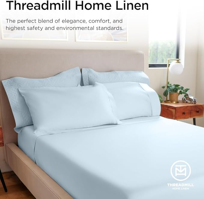 Threadmill 100% Cotton Sheets for Cal King Size Bed - 600 Thread Count Cal King Bed Sheets Set with 16” Deep Pocket - Sateen Weave 4-Piece Bedding Set with Cooling Effect, Blue