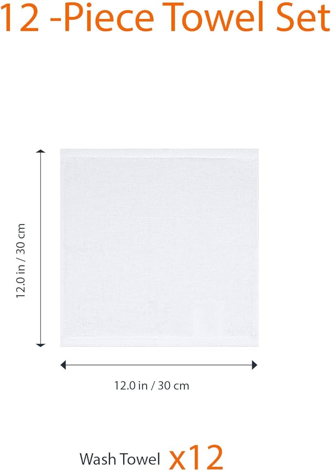 Amazon basics cotton washcloths, Lightweight quick-dry, 12" x 12", 12-pack, white