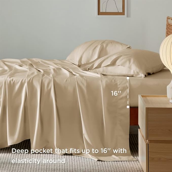 Bedsure Full Size Bed Sheets, Cooling Sheets, Rayon Derived from Bamboo, Breathable & Soft, Deep Pocket Up to 16 Inches, Hotel Luxury Silky Bedding for Hot Sleepers, Beige