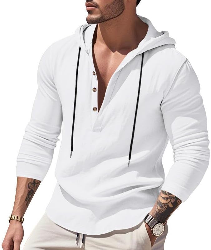 Men's Linen Blend Hoodie Long Sleeve Henley Pullover Sweatshirt Casual Loose Fit Top for Workout Beach Wear