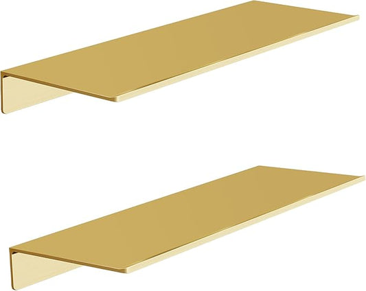Metal Floating Shelves, Set of 2, Brushed Gold Wall Shelves Picture Ledge, Shower Caddy Wall Mounted, Decorative Display Shelf for Bedroom, Living Room, Bathroom, Office