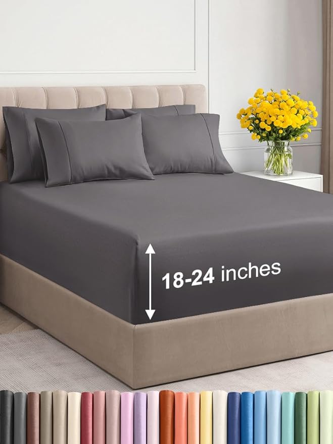 Extra Deep Twin Sheet Set - 4 Piece Breathable and Cooling Sheets - Hotel Luxury Bed Sheets Set - Easy & Secure Fit - Soft, Wrinkle Free and Comfy Sheets Set - Grey Sheet Set with Extra Deep Pockets