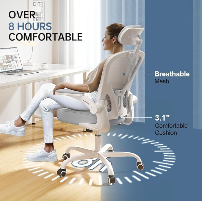Office Chair Ergonomic Desk Chair, 330LBS Capacity, High Back Computer Chair for Long Hours Comfortable, Rolling Swivel Chair for Home Office, Flip-up Armrests，White+Grey