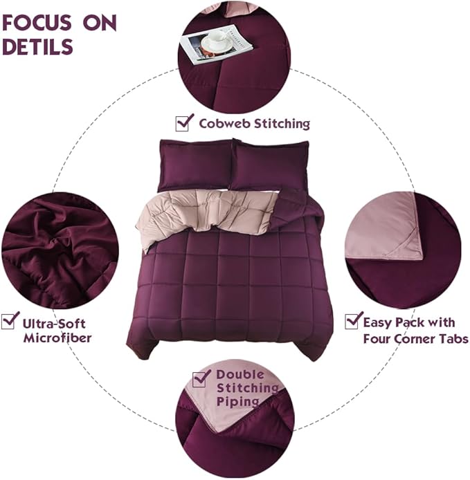 HIG 3pc Plum Queen Comforter Set - All Season Reversible Down Alternative Comforter with Two Shams - Quilted Duvet Insert with Corner Tabs - Box Stitched - Breathable, Soft, Fluffy