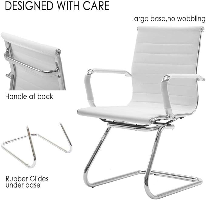 White Office Desk Chair No Wheels Set of 4 PU Leather Computer Chairs Mid Back Guest Chairs for School Reception Conference Waiting Room, White