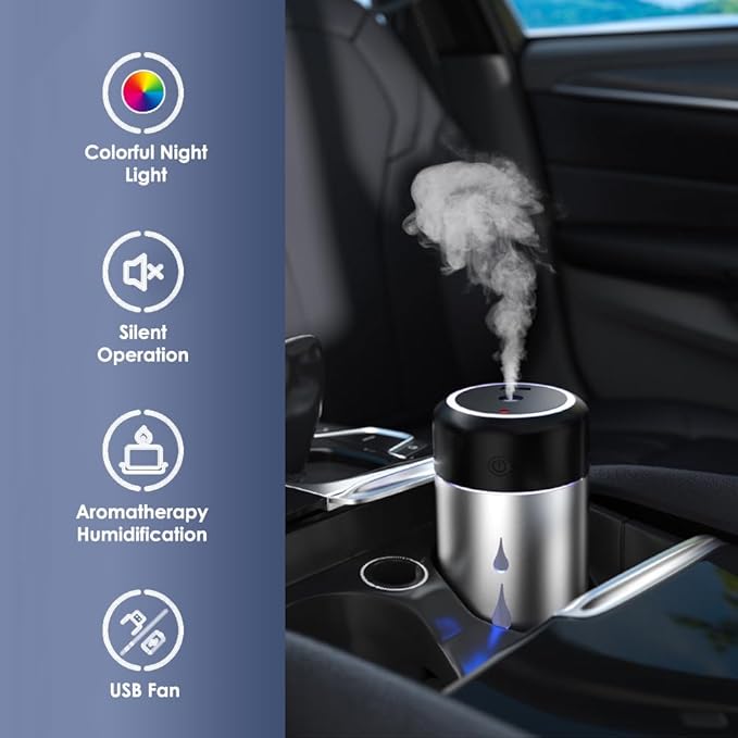 Riloer Desk Cool Mist Humidifiers, Portable Car Humidifier Diffuser with Star Night Light, Mini Humidifier Essential Oil for Car Office Desktop Bedroom (Silver)