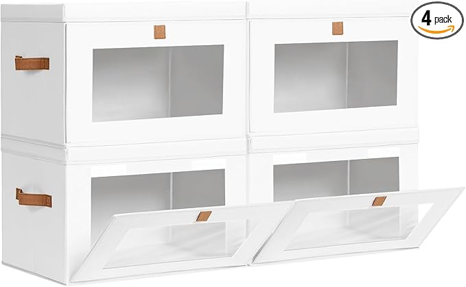 Large Clothing Storage Bins - Collapsible Boxes with Handles & Window, Decorative Organizer Bins with Lids, Fabric Containers for Living Room, Dorm, 4 Pack, White