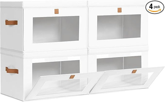 Large Clothing Storage Bins - Collapsible Boxes with Handles & Window, Decorative Organizer Bins with Lids, Fabric Containers for Living Room, Dorm, 4 Pack, White