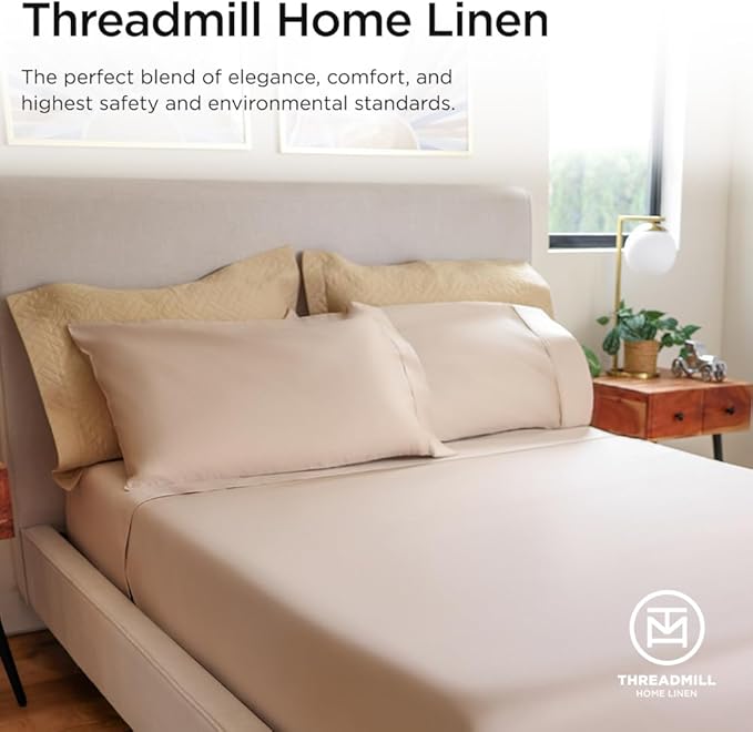 Threadmill 100% Cotton Sheets for Twin XL Size Bed - 600 Thread Count Twin XL Bed Sheets Set with 15” Deep Pocket - Sateen Weave 3-Piece Bedding Set with Cooling Effect, Beige