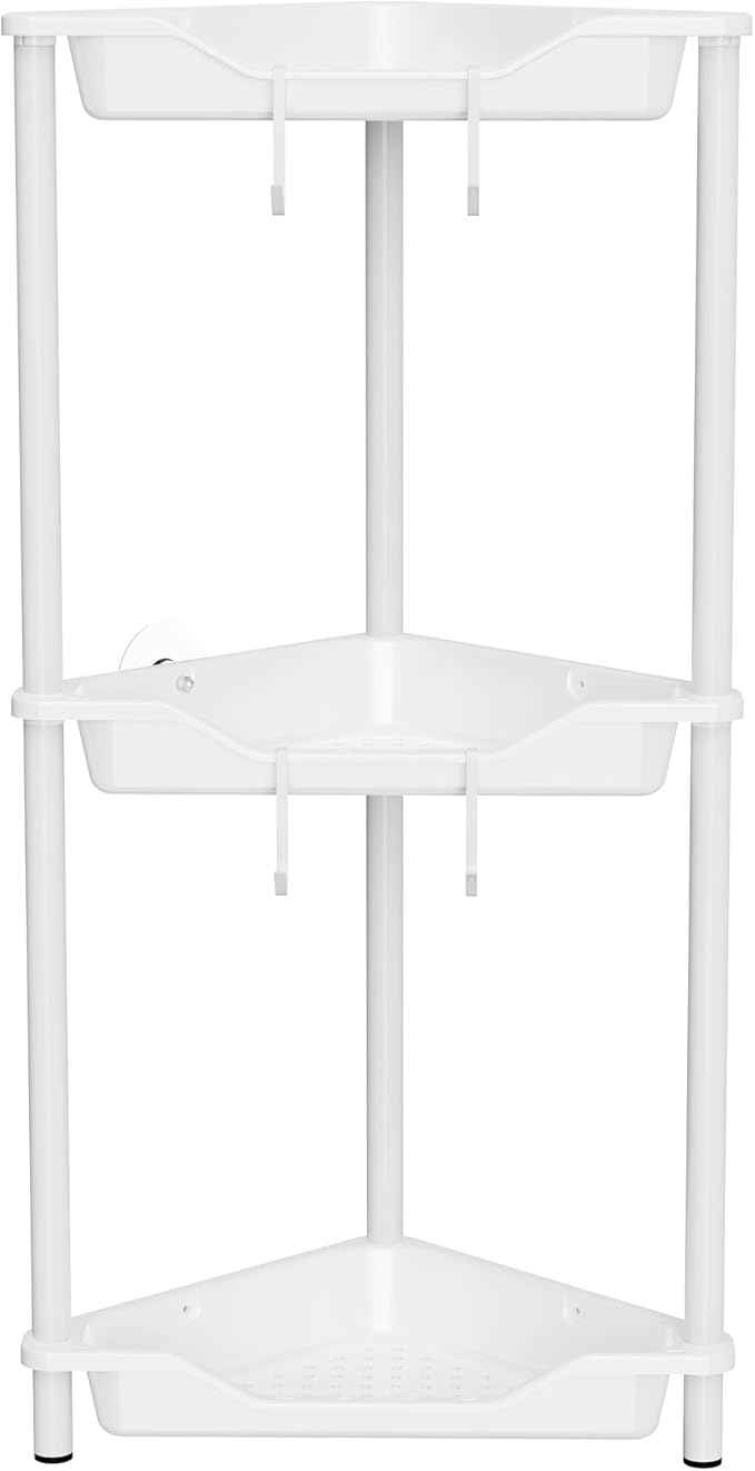 Orimade Rustproof 3 Tier Floor Standing Corner Shower Caddy Organizer, Plastic Metal Splicing Floor Corner Shelf Rack Stands for Bathroom, White