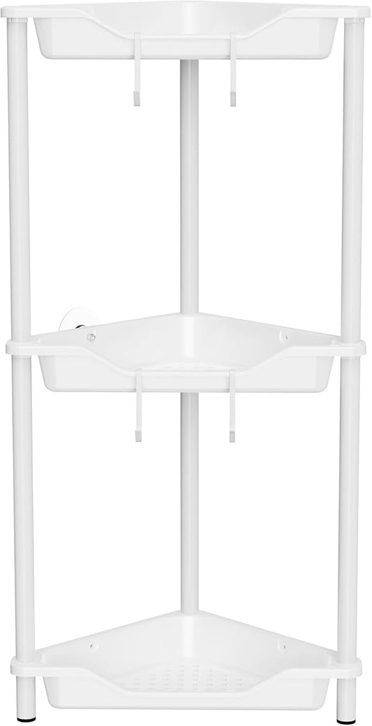 Orimade Rustproof 3 Tier Floor Standing Corner Shower Caddy Organizer, Plastic Metal Splicing Floor Corner Shelf Rack Stands for Bathroom, White
