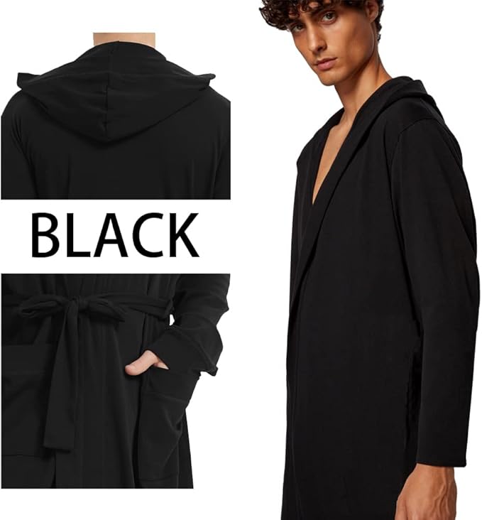 HOLOVE Men's Pure Cotton Bathrobe Lightweight Kimono and Hooded Spa Robes Soft Sleepwear