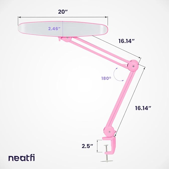 Neatfi XL 2,200 Lumens LED Task Lamp, 20W, 182 Pcs SMD LED, Dimmable, 4 Level Brightness, 3 Light Modes, Desk Light for Home, Office, Workbench (CCT, Pink)