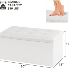 Youdesure White Folding Storage Ottoman Bench, Faux Leather Footrest for Living Room, Ottoman with Storage Padded Seat for Bedroom, Holds up to 350lbs