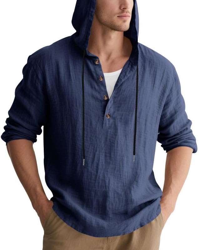 Men's Linen Blend Hoodie Long Sleeve Henley Pullover Sweatshirt Casual Loose Fit Top for Workout Beach Wear