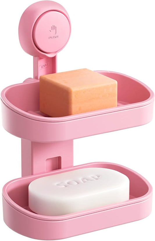 TAILI Double Layer Soap Dish Holder Suction Cup, Strong Sponge Holder for Shower, No Tools Soap Saver for Bathroom, Tub and Kitchen Sink, Shower Accessories, Drill-Free, Removable, Pink