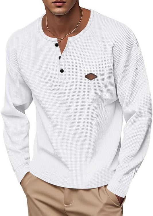 Men's Warm Waffle Top - 1/4 Button Round Neck Solid Color Casual Sweatshirt for Daily Vacation Wear
