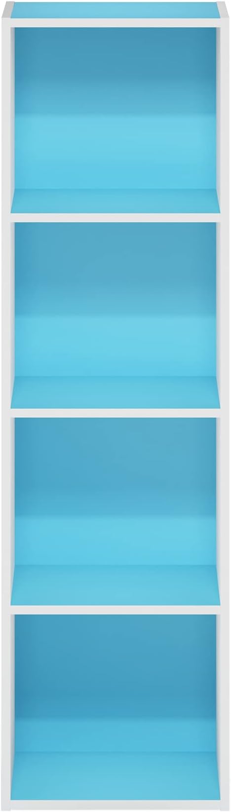 Furinno PASIR Book Shelf, 4-Tier Modern Bookshelf, Open Shelves Bookcase 9 x 12 x 42, for Living Room, Bedroom, Home Office, Light Blue/White