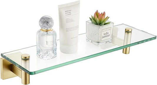 KOKOSIRI Wall Shelves Floating Shelf 12'' Stainless Steel Bathroom Hardware Tempered Glass Small Hanging Rack for Storage/Room Decor Gold B1105BG-L12