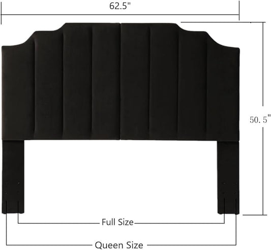 24KF Black Velvet Tufted Queen Upholstered Headboard, Modern Vertical Channel Design California Queen/Full Headboard with Stepped Silhouette Top Edge,Black