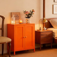 Orange Metal Sideboard Cabinet, Small Bathroom Storage Cabinets, Metal Storage Cabinet with 2 Doors and Adjustable Shelves for Kitchen Dining Room Living Room, Entryway,Office