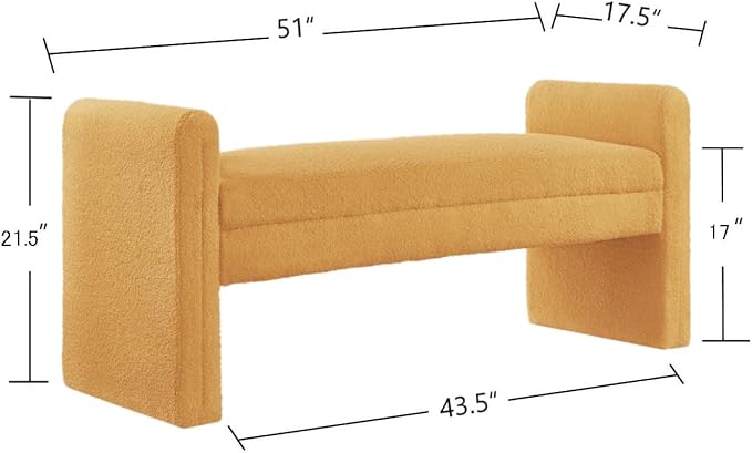 24KF Modern Upholstered Bed Bench Covered with Soft Boucle Teddy Fabric, Lovely Entryway Bench Ottoman with Armrest,5062-Yellow