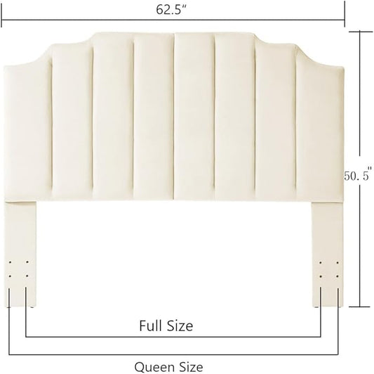 24KF Cream Velvet Tufted Queen Upholstered Headboard, Modern Vertical Channel Design California Queen/Full Headboard with Stepped Silhouette Top Edge,Cream
