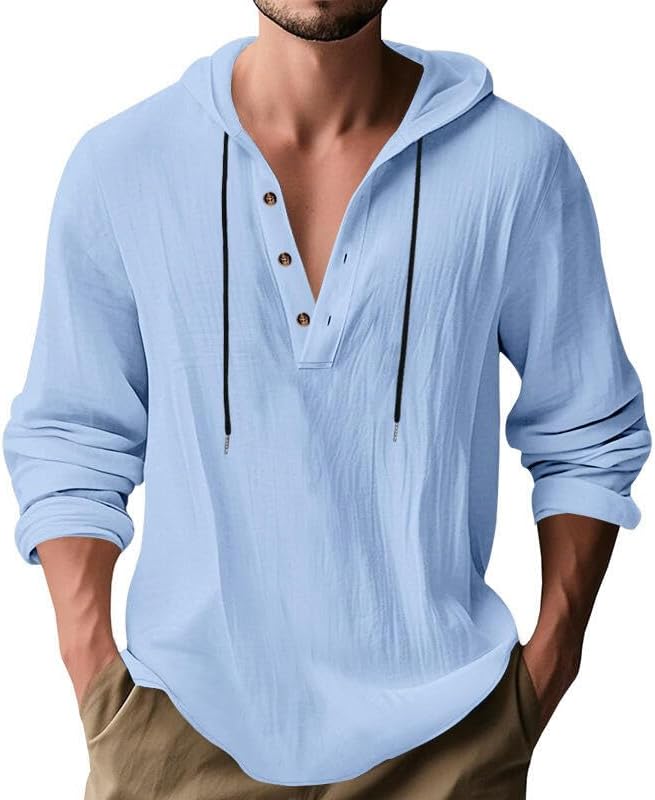 Men's Linen Blend Hoodie Long Sleeve Henley Pullover Sweatshirt Casual Loose Fit Top for Workout Beach Wear