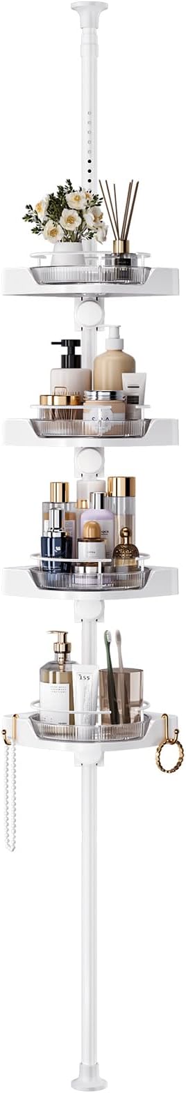 Corner Shower Caddy Tension Pole, 4 Tiers Rotating Shower Organizer for Bathroom Shelf Bathtub, Adjustable Standing Shower Rack Bathroom Accessories, Easily Assemble, 34-124 Inch Height,White