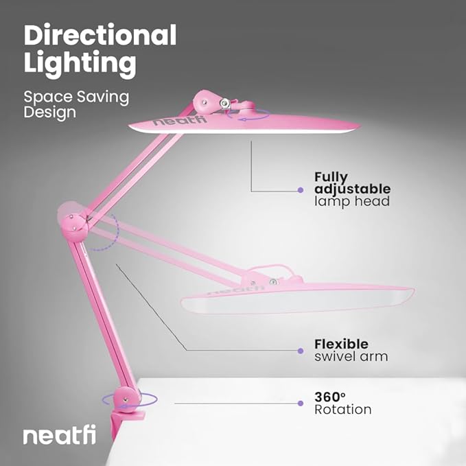 Neatfi XL 2,200 Lumens LED Desk Lamp with Clamp, 24 Watt Bright Architect Task Lamp, 20 Inches Dimmable Computer Light, Adjustable Desk Light for Home, Office, Crafts, Nails & Hobbies (Non-CCT, Pink)