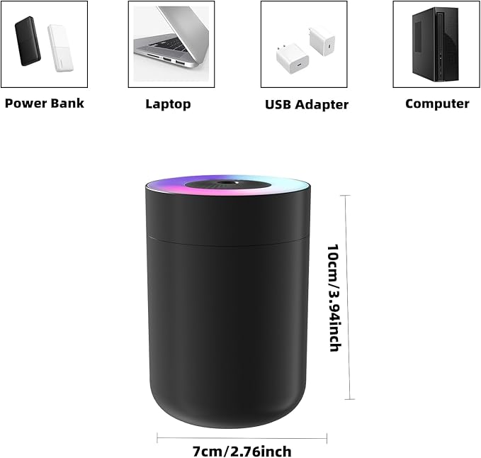 230ML Humidifier for Bedroom, Air Humidifier for Home, Plant Humidifiers Indoor Small with LED Colorful Gradient Light, USB Powered for Desk, Car, Travel, Hotel Room (Black)