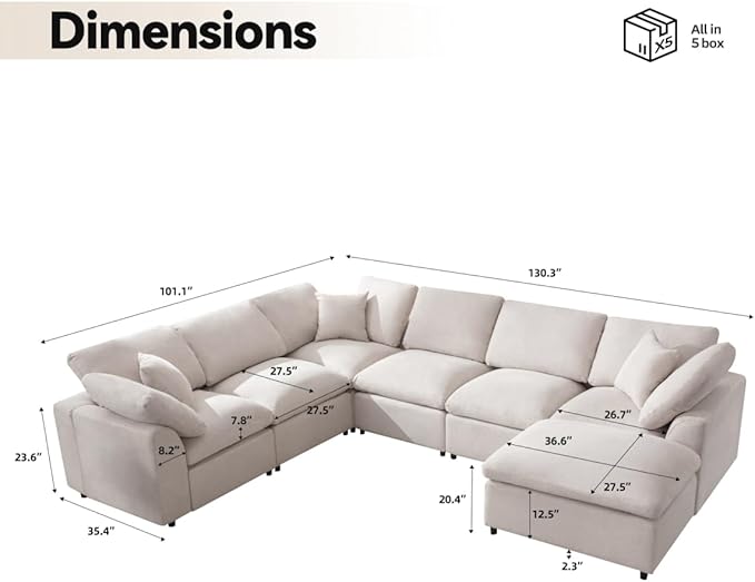 Cloud Couch Modular Sectional Sofa Modern Oversized Couches with Ottoman 7 Seater L-Shaped Sofas Comfy Couches for Living Room Spacious Space Apartment Lounge, Cream
