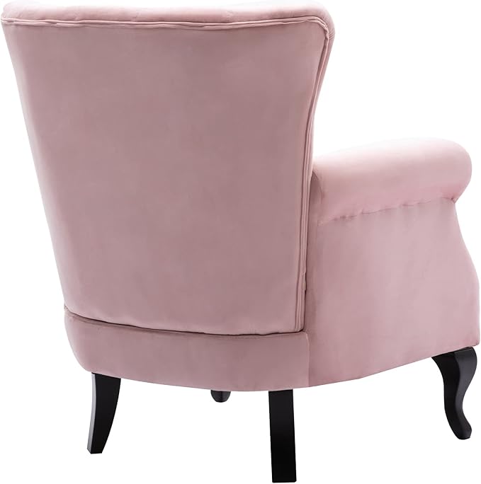 Set of 2 Mid Century Modern Accent Chair for Living Room, Velvet Armchair with Tufted Back and Wood Legs, Upholstered Lounge Armchair Single Sofa for Bedroom, Light Pink