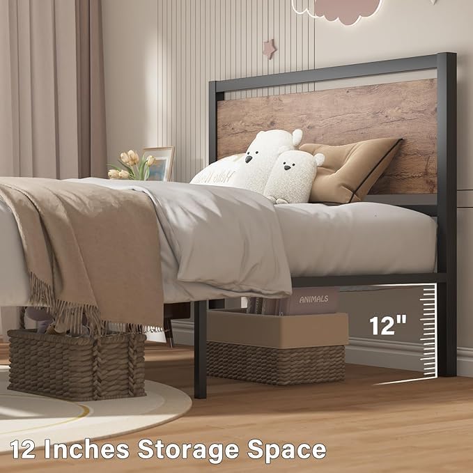 Full Size Bed Frames with Headboard, Industrial Style Full Bed Frame, Bed Frame Full Size with Wooden Footboard, No Box Spring Needed, Noise-Free, Easy Assembly, Black Brown