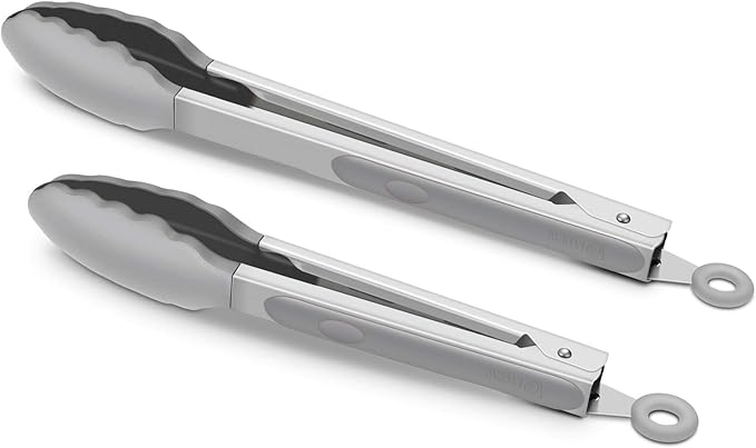 2 Pack Grey Kitchen Tongs, Premium Silicone BPA Free Non-Stick Stainless Steel BBQ Cooking Grilling Locking Food Tongs, 9-Inch & 12-Inch