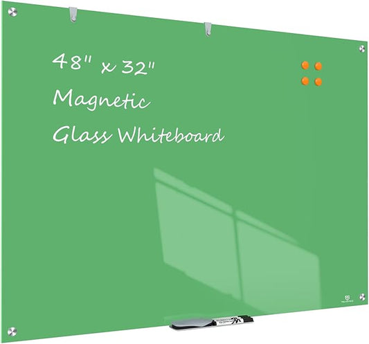 TSJ OFFICE Glass Dry-Erase Board - 48 x 32 Inches Wall Mounted Glass Whiteboard, Large Frameless Magnetic White Board for Office, Home & School, Green