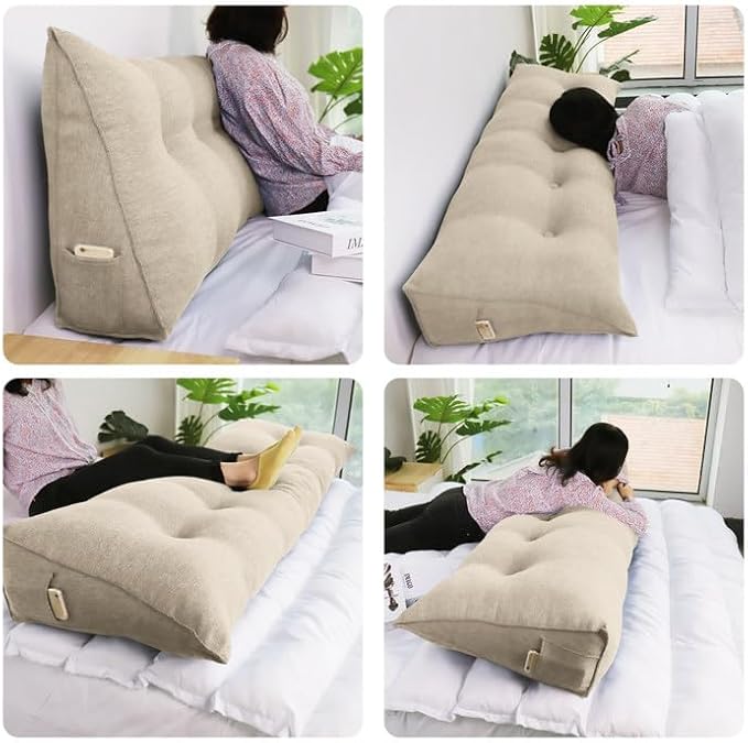 WOWMAX Triangular Headboard Pillow Bed Wedge Pillow for Headboard Full Size Wedge Pillow Headboard for Daybed Bunk Bed Large Bolster Pillow for Bed with Removable Cover, 85% Linen 15% Cotton Blend