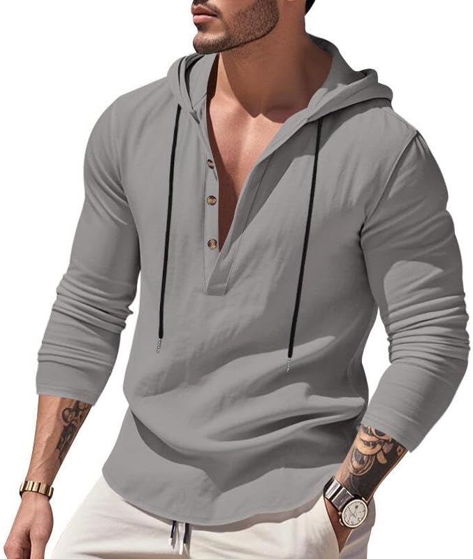 Men's Linen Blend Hoodie Long Sleeve Henley Pullover Sweatshirt Casual Loose Fit Top for Workout Beach Wear