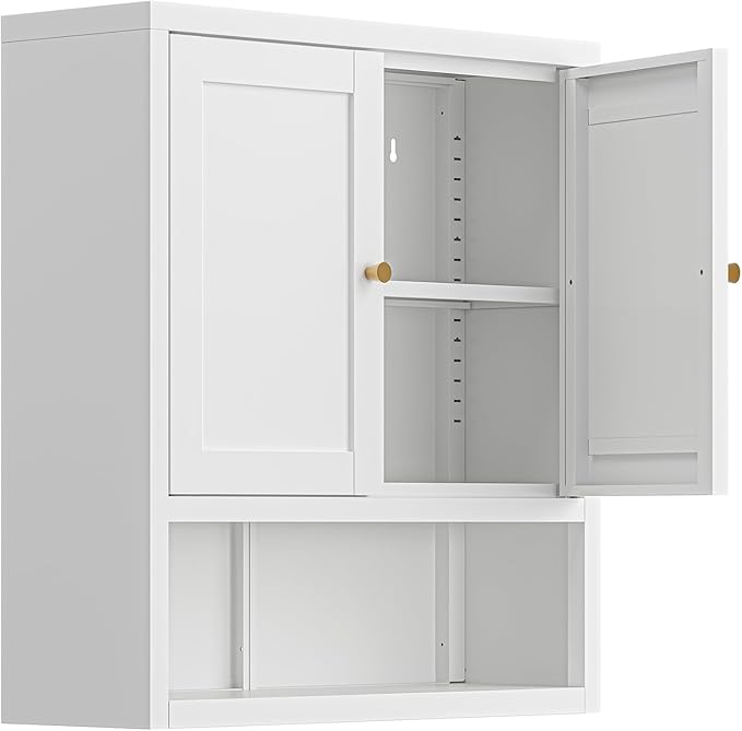 Metal Bathroom Wall Cabinet, Over The Toilet Storage Cabinets, White Wall Mounted Medicine Cabinets, Hanging Cabinet with 2 Doors & Adjustable Shelf for Kitchen, Laundry Room