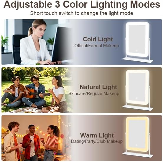 Small Desk Mirror with Lights, Lighted Makeup Mirror with Light, Portable Tabletop Make Up Mirror for Desk, Vanity Mirror with Lights,Smart Touch Control, Dual Power Supply, 360°Rotation