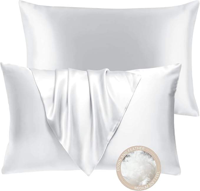 BHZ White Satin Goose Down Feather Pillows Queen Size Set of 2 with Pillowcase for Hair and Skin, Cooling Pillow Cases Similar to Silk Pillow Cases, Decorative for Women, Mom Men