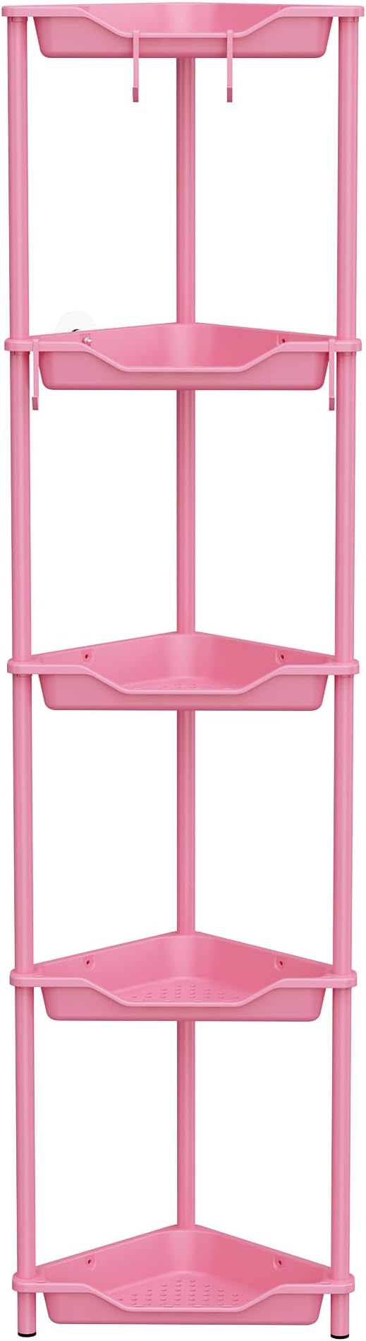 Orimade Rustproof 5 Tier Floor Standing Corner Shower Caddy Organizer, Plastic Metal Splicing Floor Corner Shelf Rack Stands for Bathroom, Pink
