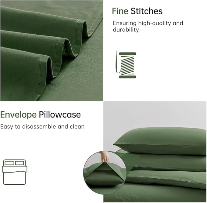 JELLYMONI Cotton Duvet Cover Set - 100% Washed Cotton Linen Like Textured Comforter Cover, 3 Pieces Soft Bedding Set with Zipper Closure (Green, Super King 116"x98")