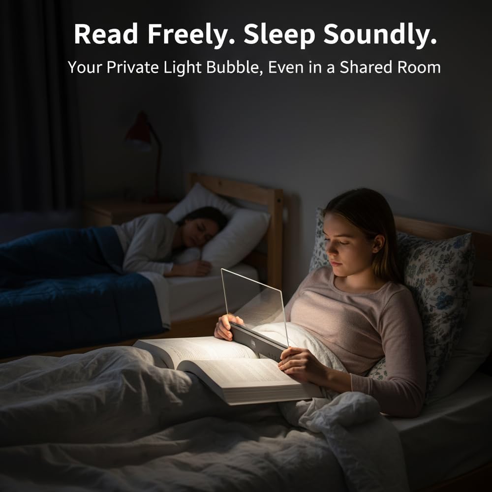 PolishWiz Rechargeable Book Light with Clear LED Flat Panel, 3 Color Modes & Timer, Dimmable Full Page Reading Light for Reading in Bed at Night, Book Lights for Readers Kids Adults (Black)