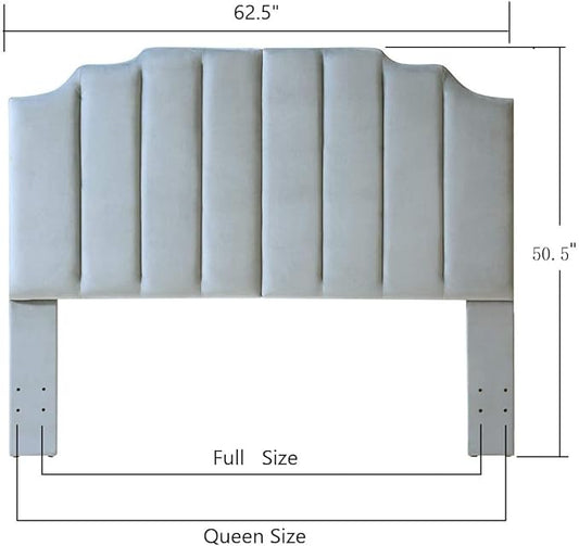 24KF Steel Gray Velvet Tufted Queen Upholstered Headboard, Modern Vertical Channel Design California Queen/Full Headboard with Stepped Silhouette Top Edge, 6026-Q-New Steel Gray