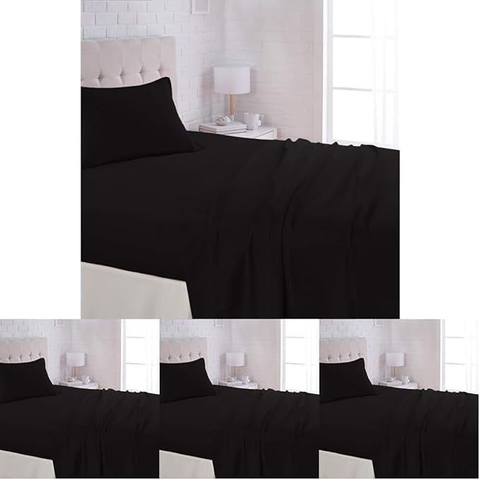 Amazon Basics Lightweight Super Soft Easy Care Wrinkle Free Microfiber 3 Piece Bed Sheet Set with 14-Inch Deep Pockets, Twin, Black, Solid, Kids, Men & Women Bedding (Pack of 4) AmazonBasics