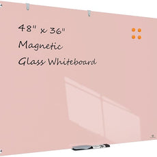 TSJ OFFICE Glass Dry-Erase Board - 48 x 36 Inches Wall Mounted Magnetic Whiteboard, Large Frameless Glass White Board for Office, Home & School, Pink