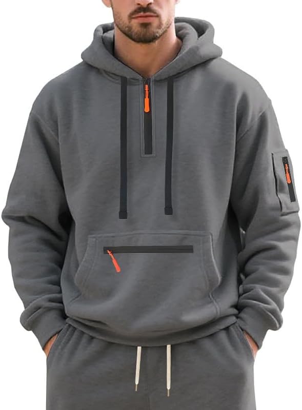 Men's Hooded Sweatshirt - Quarter Zip Pullover with Pockets Autumn Winter Casual Wear for Vacations