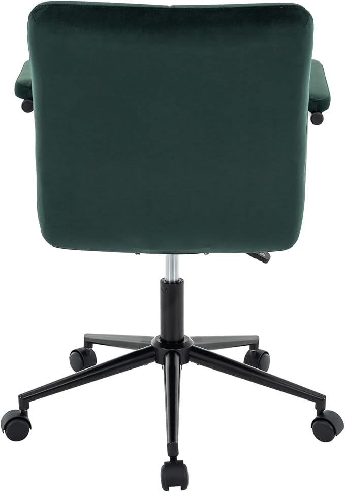 Velvet Home Office Desk Chair, Upholstered Adjustable Swivel Task Chair with Wheels, Tufted Mid-Back Computer Chair with Arms, for Study Living Room Vanity (Dark Green, Black Base)